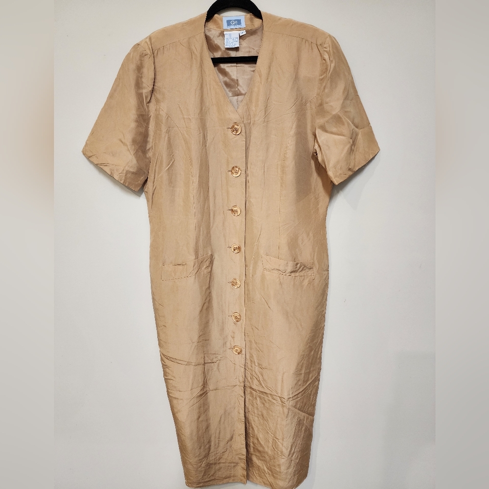 Vintage Silk Dress|Kahki Midi Dress|Button Up Dress|Short Sleeve Dress|Y2K